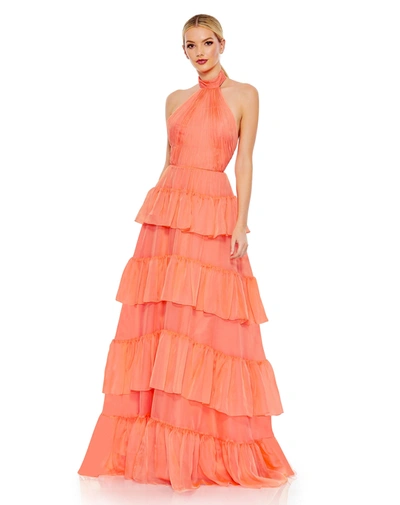 Ieena For Mac Duggal Ruffle Tiered Pleated Halter Neck A Line Gown In Peach