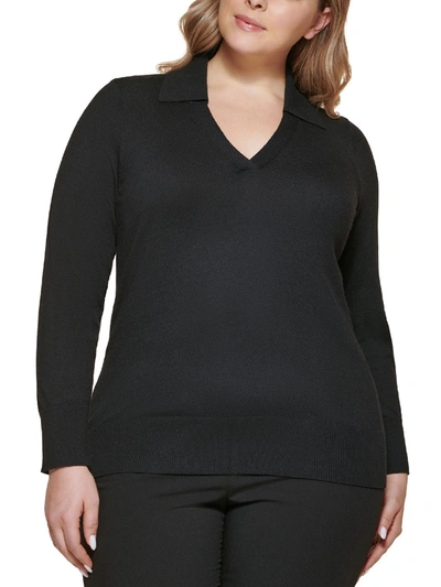 Calvin Klein Plus Womens Ribbed Trim V-neck Sweater In Black