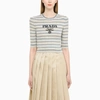 Prada Logo Striped Wool Crop Sweater In Light Blue,grey