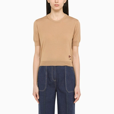 Gucci Horsbit-embroidered Short-sleeve Wool Sweater In Camel/mix