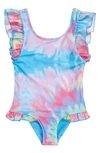 BOARDIES KIDS' RUFFLES TIE-DYE ONE-PIECE SWIMSUIT