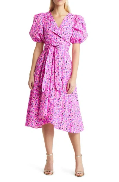 Lilly Pulitzer Juney Puff Sleeve Faux Wrap Midi Dress In Wild Fuchsia Spotted In Love