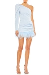 Ieena For Mac Duggal Feather Trim One Shoulder Draped Mini Dress In Powder Blue