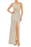 Mac Duggal Sequined One Shoulder Draped Lace Up Gown In Silver