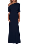 BETSY & ADAM ONE-SHOULDER CREPE SCUBA TRUMPET GOWN