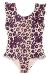 BOARDIES KIDS' RUFFLES CHEETAH PRINT ONE-PIECE SWIMSUIT