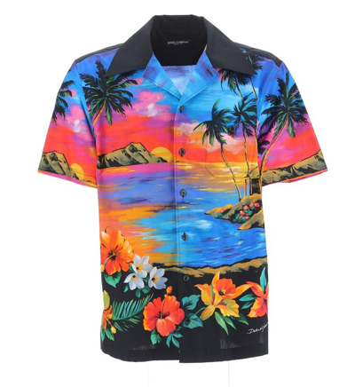 Dolce & Gabbana Silk Twill Shirt With Hawaiian Print In Multicolor