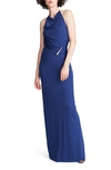 Halston Christina Open Back Matte Jersey Sheath Gown In Twilight