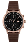 LACOSTE REPLAY CHRONOGRAPH LEATHER STRAP WATCH, 44MM