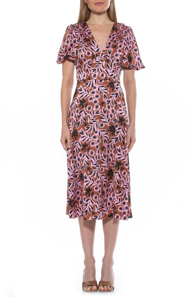 Alexia Admor V-neck Puff Sleeve Midi Dress In Brown Floral