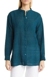 EILEEN FISHER MANDARIN COLLAR BOXY ORGANIC LINEN & COTTON SHIRT