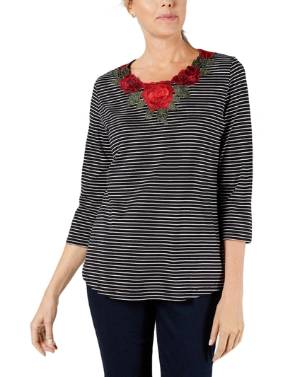 Karen Scott Womens Striped Embroidered Pullover Top In Black