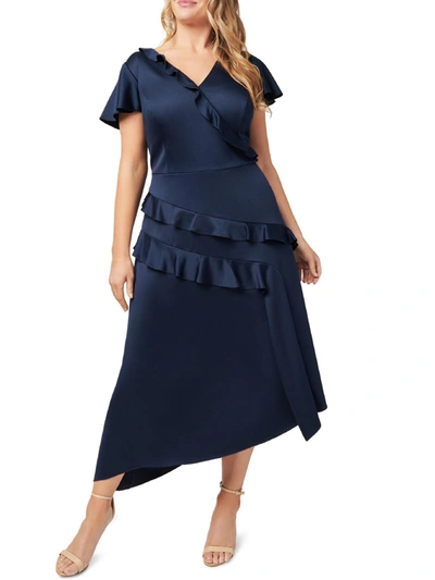 Adrianna Papell Plus Size Satin Ruffled Midi Dress In Blue