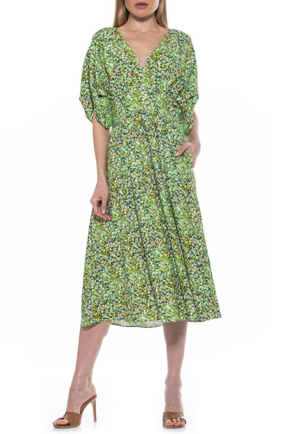 Alexia Admor August Draped Sleeve Fit & Flare Midi Dress In Green Ditzy