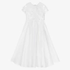 SARAH LOUISE GIRLS WHITE SATIN & EMBROIDERED TULLE COMMUNION DRESS