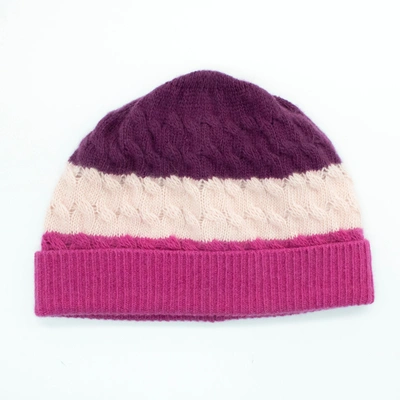 Portolano Cashmere Striped  Hat With Cables In Pink