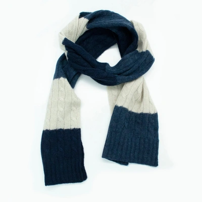 Portolano Cashmere Striped Scarf With Cables In Blue