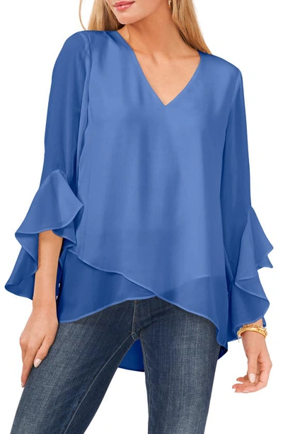 Vince Camuto Flutter Sleeve Crossover Georgette Tunic Top In Blue Jay