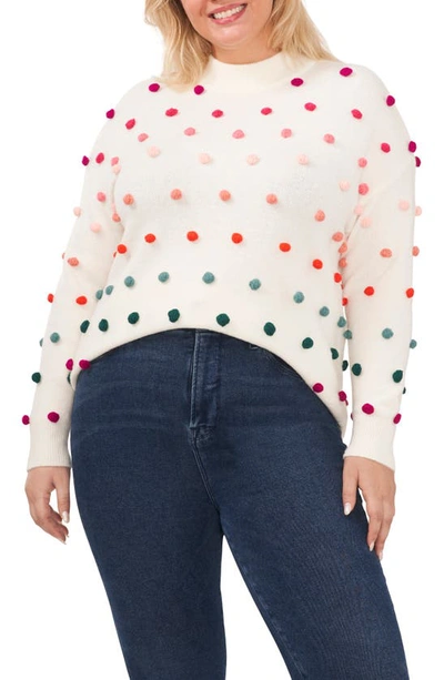Cece Rainbow Pompom Mock Neck Sweater In Antique White