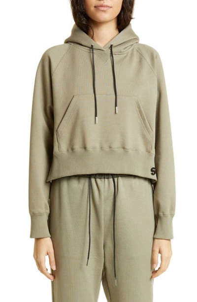 Sacai Mixed Media High-low Cotton Jersey Hoodie In L/ Khaki