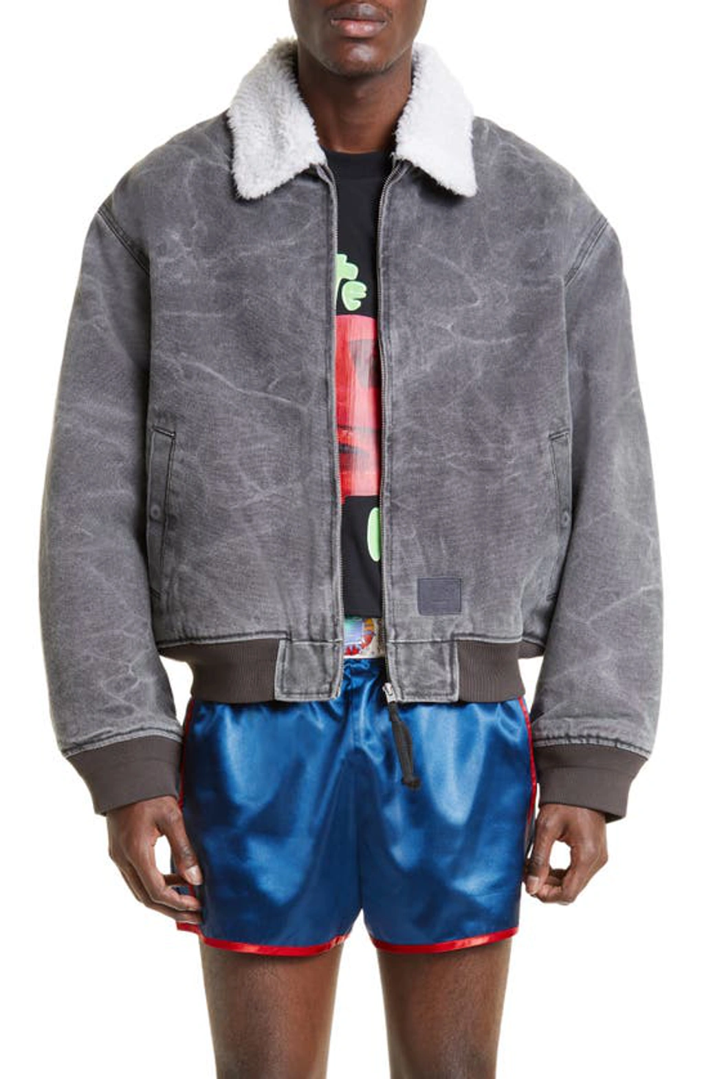 Acne Studios Denim Faux Shearling Bomber Jacket In Grey ModeSens