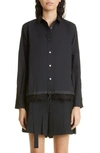 Sacai Button-front Boxy Striped Poplin Shirt W/ Lace Hem In Black