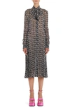 Versace Logo Print Semisheer Long Sleeve Silk Midi Dress In Black/ White