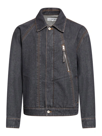 Loewe ‘puzzle' Overstitch Detail Dark Wash Denim Jacket In Grey