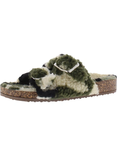 Steve Madden Closer Womens Shearling Camouflage Footbed Sandals In Green