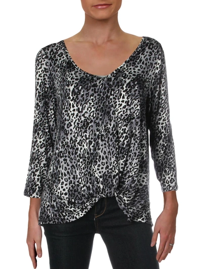 Status By Chenault Womens Animal Print Twist-front T-shirt In Grey