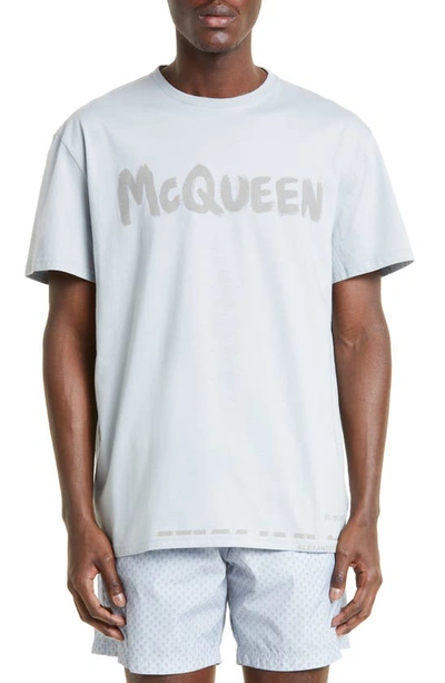 Alexander Mcqueen Graffiti Logo Cotton Graphic Tee In Dove Grey/ Mix