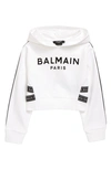 Balmain Logo Tape Crop Graphic Hoodie In White/ Black
