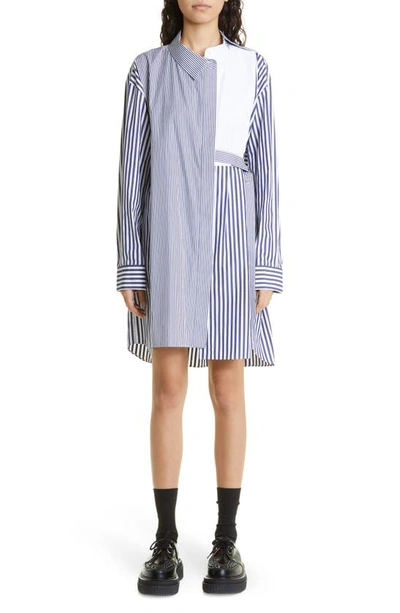 Sacai Stripe Poplin Belted Asymmetric Shirtdress In Blue