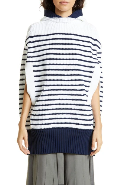 Sacai Striped Knit Hoodie Cape In Navy