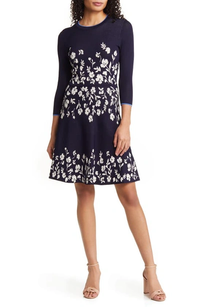 Vince Camuto Floral Jacquard Fit & Flare Dress In Navy