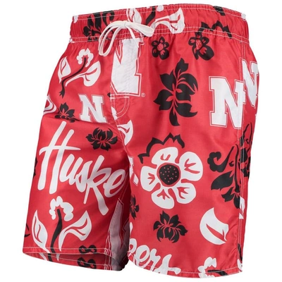 WES & WILLY WES & WILLY SCARLET NEBRASKA HUSKERS FLORAL VOLLEY SWIM TRUNKS