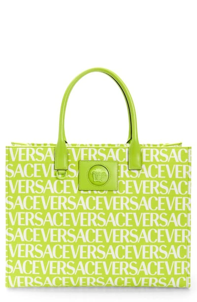 Versace La Medusa Small Monogram Tote Bag In Acid Lime/white/ Gold