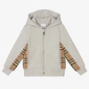 BURBERRY BOYS GREY & BEIGE CHECK HOODED TOP