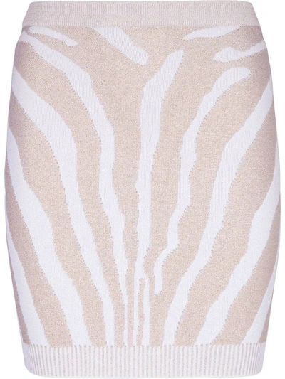 Balmain High Waist Zebra Print Knit Short Skirt In White