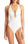 Sea Level Keyhole Halter One-piece Swimsuit In White