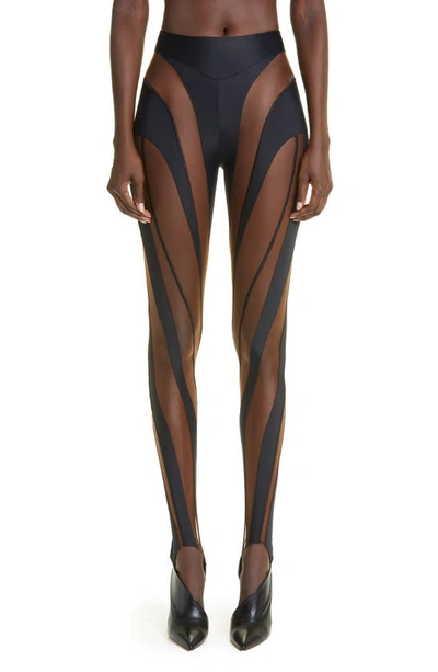 Mugler Sheer-panelled Stirrup Leggings In Black