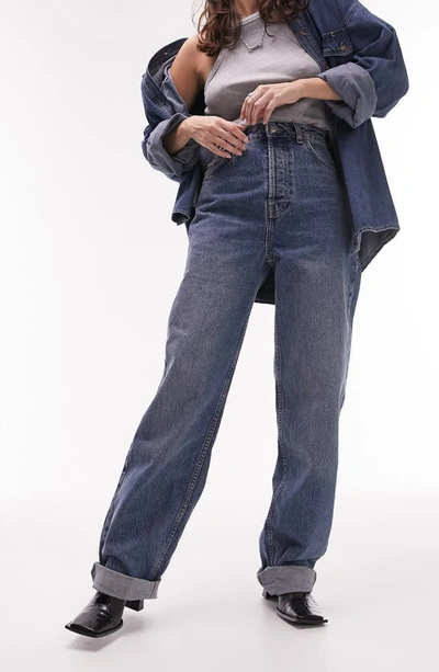 Topshop Oversize Mom Jeans In Mid Blue