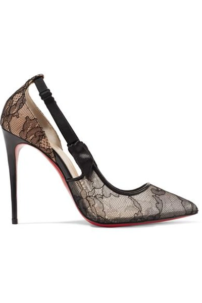 Christian Louboutin Hot Jeanbi 100 Satin And Patent Leather-trimmed Lace Pumps In Cmblack