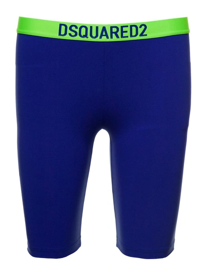 DSQUARED2 BLUE AND BRIGHT GREEN BIKER SHORTS WITH LOGO WAISTBAND IN STRETCH POLYAMIDE WOMAN D-SQAURED2