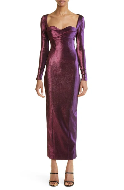 Area Long Sleeve Back Slit Lamé Dress In Purple
