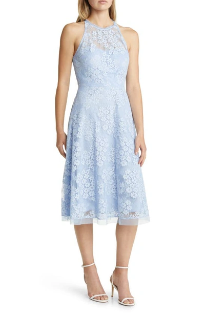 sachin and babi light blue dress Vince Camuto Halter Neck Lace Midi Dress In Blue