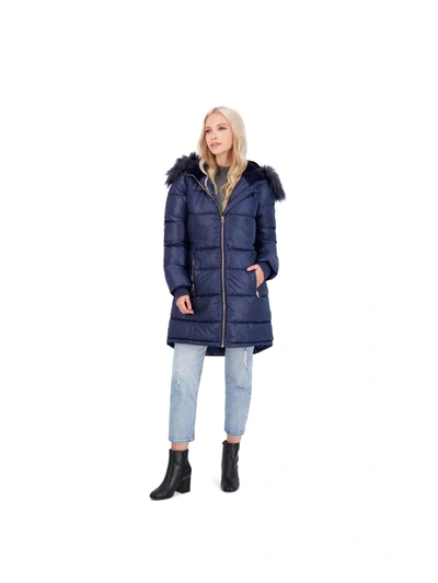 Jessica Simpson Womens Faux Fur Warm Puffer Coat In Blue