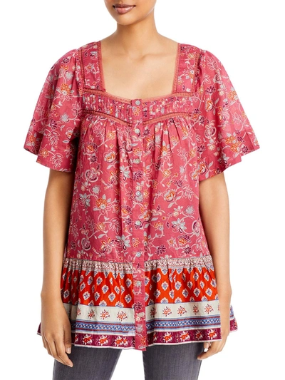 Beachlunchlounge Nica Womens Square Neck Printed Button-down Top In Pink