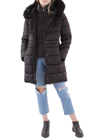 Tahari Stefani Womens Faux Fur Winter Quilted Coat In Black
