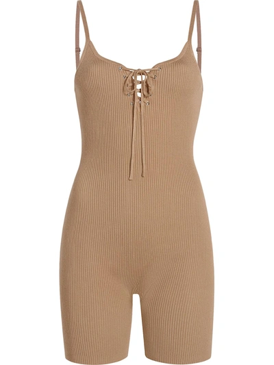 Madden Girl Womens Lace-up Ribbed Romper In Beige